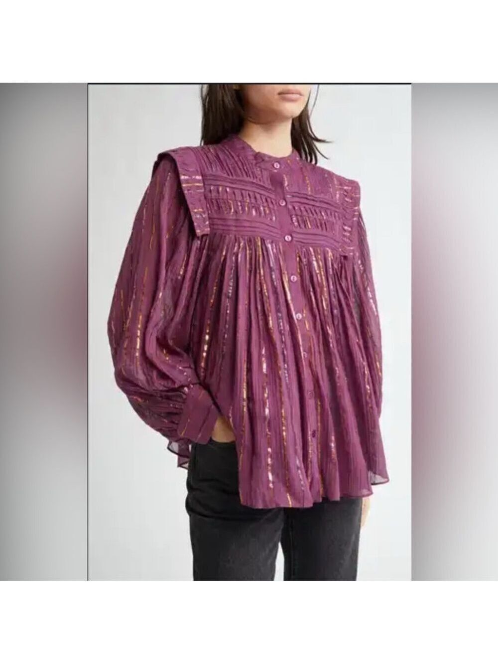 Farm Rio Tops Burgundy Pleated Yoke Button-Up